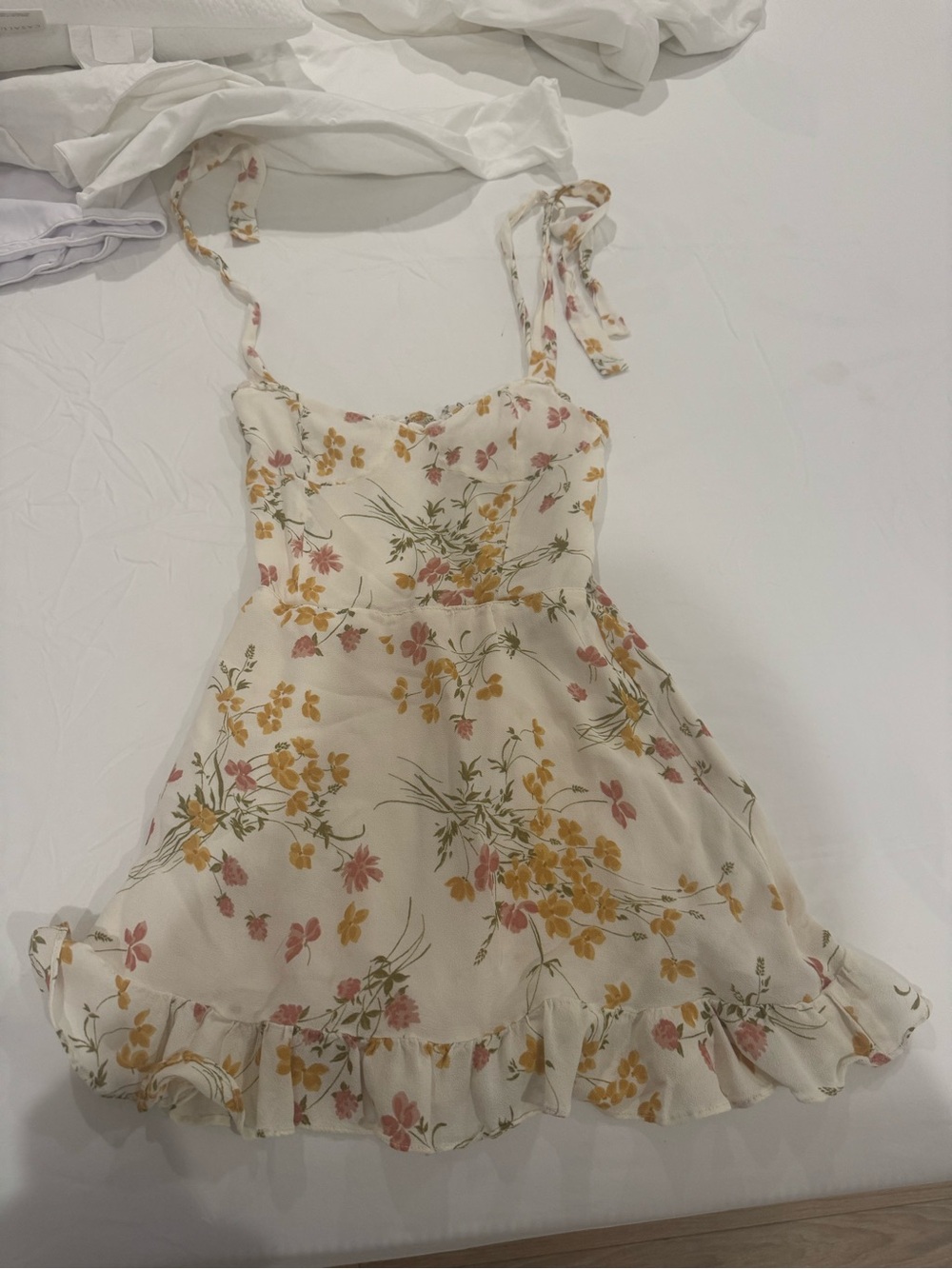 Reformation Cream Mini Dress with Yellow & Pink Floral Print